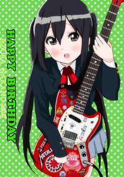 1girl 2025 birthday black_hair blush brown_eyes character_name copyright_name dated dot_nose english_text feet_out_of_frame female_focus green_background guitar hair_between_eyes happy_birthday ho-kago_tea_time holding holding_guitar holding_instrument instrument jacket k-on! long_hair long_sleeves looking_at_viewer metallica_(band) mi5e4rzz nakano_azusa open_mouth red_hot_chili_peppers ribbon sakuragaoka_high_school_uniform shirt skirt solo standing star_(symbol) star_symbol_background teeth twintails white_shirt working!!