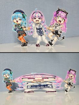 3girls absurdres ahoge black_skirt blue_hair braid comic commentary demon_tail fake_horns frown green_eyes grip hair_bun hat highres hololive horned_headwear horns hoshimachi_suisei hoshimachi_suisei_(casual) human_tug_of_war jacket jqhnharqld low_twin_braids minato_aqua minato_aqua_(sailor) miniskirt multicolored_hair multiple_girls one_side_up open_mouth orange_pantyhose pantyhose paper_child papercraft_(medium) photo_(medium) pink_hair purple_hair silent_comic single_side_bun skirt smile tail thigh_strap tokoyami_towa twin_braids two-tone_hair unconventional_media virtual_youtuber white_jacket