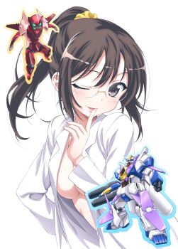 1girl anime_coloring black_eyes blush boku_wa_tomodachi_ga_sukunai breasts brown_hair finger_to_mouth glasses hair_ornament highres lab_coat long_hair looking_at_viewer mecha medium_breasts naked_lab_coat no_bra official_art one_eye_closed open_clothes open_mouth open_shirt ponytail revision rimless_eyewear robot scrunchie shiguma_rika shirt simple_background smile solo underboob watanabe_yoshihiro white_background