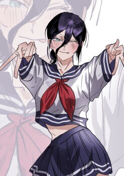 1girl blue_sailor_collar blue_skirt blush breasts busuttt chainsaw_man commentary_request crop_top double_v green_eyes hair_between_eyes hair_bun highres korean_commentary medium_breasts medium_hair midriff neckerchief one_eye_closed pleated_skirt purple_hair red_neckerchief reze_(chainsaw_man) sailor_collar school_uniform shirt skirt smile solo tongue tongue_out updo v white_shirt