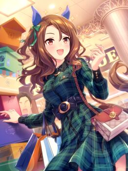 1boy 1girl absurdres animal_ears bag blush bow box breasts brown_hair closed_eyes dress ear_bow ear_covers ear_ribbon game_cg green_bow green_dress handbag highres holding holding_box horse_ears horse_girl horse_tail king_halo_(shopping_for_me)_(umamusume) king_halo_(umamusume) large_breasts long_hair long_sleeves official_alternate_costume official_art open_mouth red_eyes shopping shopping_bag smile solo_focus sparkle tail trainer_(umamusume) umamusume