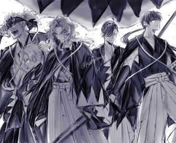 5boys arm_guards commentary_request fate/grand_order fate_(series) greyscale hair_pulled_back hakama haori haori_on_shoulders harada_sanosuke_(fate) harada_sanosuke_(teal_haori_and_hakama)_(fate) holding holding_polearm holding_sword holding_weapon japanese_clothes kimono kishusoul low_ponytail monochrome multiple_boys nagakura_shinpachi_(fate) nagakura_shinpachi_(third_ascension)_(fate) polearm ponytail saitou_hajime_(fate) saitou_hajime_(third_ascension)_(fate) scar scar_on_arm scar_on_face scar_on_forehead shinsengumi_(fate) short_ponytail sleeveless sleeveless_kimono spiked_headband sword tasuki toudou_heisuke_(fate) toudou_heisuke_(third_ascension)_(fate) twitter_username unsheathed unworn_headband wavy_hair weapon yamanami_keisuke_(fate) yamanami_keisuke_(third_ascension)_(fate)