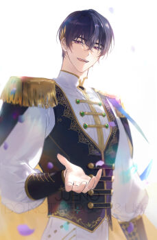 Rule 34 | 1boy, :d, black vest, blue hair, commentary request, epaulettes, gradient background, grey background, hair between eyes, highres, jyan512, korean commentary, long sleeves, looking at viewer, male focus, marius von hagen (tears of themis), open mouth, puffy long sleeves, puffy sleeves, purple eyes, shirt, smile, solo, tears of themis, upper body, vest, watermark, white background, white shirt