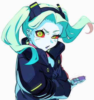 1girl artificial_eye black_jacket colored_sclera colored_skin commentary cyberpunk:_edgerunners cyberpunk_(series) cyborg english_commentary green_eyes green_hair gun handgun highres holding holding_gun holding_weapon jacket long_hair looking_at_viewer mechanical_eye neck_tattoo pink_tattoo rebecca_(cyberpunk) red_pupils red_sclera sawasa simple_background solo tattoo twintails upper_body weapon white_background white_skin