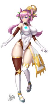 1girl 2024 absurdres blonde_hair blue_eyes bodysuit boots breasts closed_mouth commentary_request covered_navel dated duel_masters elbow_gloves flower gloves gold_trim hair_flower hair_ornament high_ponytail highres impossible_bodysuit impossible_clothes impossible_leotard large_breasts leotard long_hair multicolored_eyes multicolored_hair pink_eyes pink_hair ponytail rafululu_love_(duel_masters) sidelocks signature skin_tight solo tachi-e taimanin_suit thigh_boots thighhighs wato_(watto1005) white_background white_gloves white_leotard