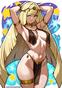 1girl armlet armpits arms_up blonde_hair bracelet breasts circlet cowboy_shot dancer gold_armlet gold_bracelet gold_thighlet green_eyes jewelry long_hair looking_at_viewer lusamine_(pokemon) mature_female medium_breasts navel neck_ring nintendo parted_lips pelvic_curtain pokemon pokemon_sm redjet solo stomach thighlet thighs very_long_hair