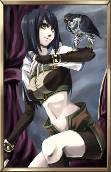 1girl animal_on_arm bird bird_on_arm black_hair border breasts brown_border brown_gloves brown_shirt brown_shorts brown_skirt closed_mouth commentary_request crop_top cropped_jacket curtains elbow_gloves falcon feet_out_of_frame fingerless_gloves gloves hunter_(ragnarok_online) indoors jacket large_breasts looking_at_viewer midriff miniskirt navel ragnarok_online shirt short_sleeves shorts shorts_under_skirt sitting skirt smile solo toriria white_jacket yellow_eyes