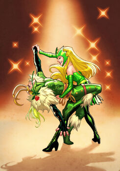 1boy 1girl black_gloves black_nails blonde_hair bodysuit closed_eyes commentary couple dancing detached_sleeves dress enchantress_(marvel) english_commentary fake_horns fingerless_gloves flower flower_in_mouth fur-trimmed_bodysuit gloves gold_helmet green_bodysuit green_dress green_theme grin helmet hetero highres holding_hands horned_helmet horns joeyvazquezart loki_(marvel) marvel mouth_hold o-ring official_art orange_background profile red_flower red_rose rose scale_print smile sparkle spotlight strapless strapless_dress tango thor_(marvel)_(series) toned toned_male western_comics_(style)