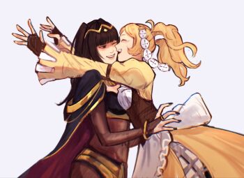 2girls apron black_cape black_hair black_nails blonde_hair bodystocking bridal_gauntlets brown_gloves cape circlet closed_eyes commentary commission dress english_commentary fingerless_gloves fingernails fire_emblem fire_emblem_awakening gloves gold_trim highres hug lissa_(fire_emblem) long_hair long_sleeves looking_at_another multiple_girls nintendo one_eye_closed sethkiel simple_background smile teeth tharja_(fire_emblem) twintails two_side_up upper_teeth_only waist_apron white_apron white_background yellow_dress