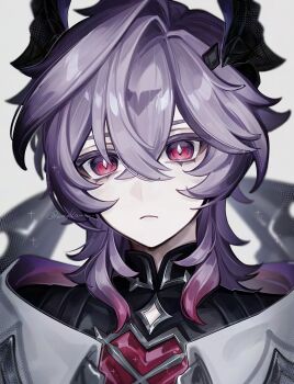 1boy absurdres amekamu black_horns black_shirt capelet crossed_bangs diamond-shaped_pupils diamond_(shape) dragon_boy dragon_horns genshin_impact hair_between_eyes hashtag-only_commentary highres horns looking_at_viewer mandarin_collar mini_durin_(genshin_impact) mini_durin_(human)_(genshin_impact) portrait purple_hair red_eyes shirt solo symbol-shaped_pupils