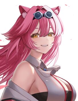 1girl absurdres animal_ears armpit_crease ascot bare_shoulders blue_gemstone blush breasts cleavage coat collared_shirt commentary eyeshadow fang fangs gem goggles goggles_on_head grin hair_intakes highres hololive hololive_english huge_breasts long_hair looking_at_viewer makeup multicolored_hair panther_ears panther_girl pink_coat pink_eyeshadow pink_hair raora_panthera raora_panthera_(1st_costume) shirt si_farid simple_background sleeveless sleeveless_shirt smile solo streaked_hair teeth two-tone_hair virtual_youtuber white_ascot white_background white_shirt yellow_eyes