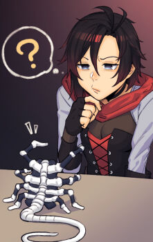 1girl ? alien_(1979) alien_(series) black_gloves black_hair breasts brown_hair choker cleavage corset dyun facehugger fingerless_gloves gloves grey_eyes grimm_(rwby) hair_between_eyes head_rest highres medium_breasts medium_hair notice_lines raglan_sleeves red_hood ruby_rose rwby shirt solo speech_bubble spoken_question_mark swept_bangs thought_bubble white_shirt xenomorph