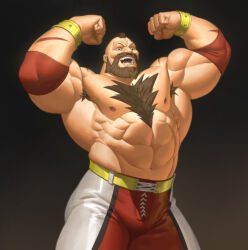 1boy abs armpit_hair armpits arms_up bara beard biceps body_fur bulge chest_hair double_biceps_pose facial_hair feet_out_of_frame flexing large_pectorals male_focus mature_male mohawk muscular muscular_male navel nesskain nipples obliques pectorals short_hair solo street_fighter street_fighter_6 thick_thighs thighs topless_male triceps wrestler wrestling_outfit zangief