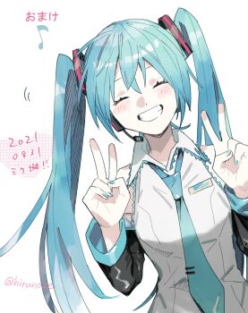 1girl aqua_hair aqua_nails aqua_necktie closed_eyes commentary_request dated detached_sleeves double_v grin hatsune_miku headset necktie shirt sleeveless sleeveless_shirt smile solo soyaka translation_request twintails twitter_username upper_body v vocaloid