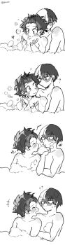 4koma bath bathing blush boku_no_hero_academia bubble comic curly_hair freckles highres midoriya_izuku multicolored_hair playing runi_1225 scar smile tododeku todoroki_shoto two-tone_hair