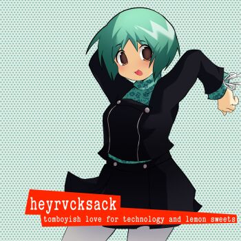 1girl 2000s_(style) :d album_cover_redraw aqua_hair arms_up artist_name derivative_work floral_print gekkoukan_high_school_uniform goreshit heyrvcksack highres leggings long_sleeves open_mouth persona persona_3 school_uniform short_hair smile white_leggings yamagishi_fuuka