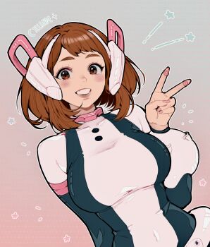 1girl absurdres arm_behind_back artist_name blush bodysuit boku_no_hero_academia breasts brown_eyes brown_hair gradient_background grey_background grin headgear highres looking_at_viewer medium_breasts medium_hair pink_background short_bangs smile solo superhero_costume teeth upper_body uraraka_ochako v yiiande