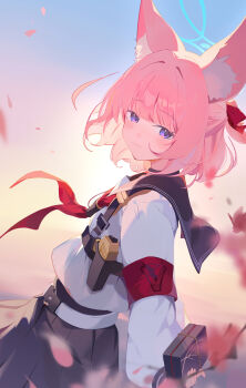 Rule 34 | 1girl, absurdres, animal, animal ears, belt, blue archive, blue eyes, blush, box, box of chocolates, cherry blossoms, closed mouth, commentary request, fox ears, fox girl, gun, hair tie, halo, handgun, highres, holstered, long sleeves, looking to the side, neckerchief, niko (blue archive), pink hair, pleated skirt, ponytail, red neckerchief, school uniform, serafuku, short ponytail, skirt, sunset, teoskyrios, valentine, weapon