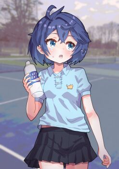 Rule 34 | 1girl, ahoge, black skirt, blue eyes, blue hair, blue shirt, bottle, breasts, collared shirt, commentary request, cowboy shot, highres, holding, holding bottle, looking to the side, midriff peek, miniskirt, open mouth, partial commentary, pleated skirt, pocari sweat, polo shirt, princess connect!, sheffy (princess connect!), sheffy (real) (princess connect!), shirt, short hair, short sleeves, skirt, small breasts, solo, standing, syalm