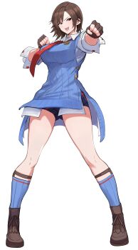 1girl absurdres belt blush boots breasts brown_eyes brown_hair clash_kuro_neko clenched_hands fingerless_gloves gloves highres kazama_asuka looking_at_viewer necktie open_mouth short_hair shorts simple_background smile socks solo sweater tekken tekken_8 white_background