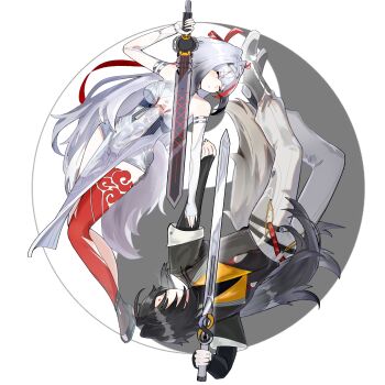 Rule 34 | 1boy, 1girl, absurdres, armlet, black hair, brother and sister, china dress, chinese clothes, closed eyes, commentary, dress, droopy ears, fox boy, fox girl, fox tail, highres, holding, holding sword, holding weapon, jewelry, leg tattoo, long hair, multicolored hair, pants, parted bangs, platform heels, qingming sword, ribbon, shoes, siblings, sleeveless, streaked hair, sword, tail, tattoo, user yzjm3832, very long hair, weapon, white hair, ye shiyuan, ye shunguang, yin yang, zenless zone zero