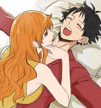 1boy 1girl absurdres bare_shoulders bed_sheet black_hair breasts cheek_poking closed_eyes closed_mouth commentary_request earrings facial_scar finger_to_another's_cheek finger_to_cheek girl_on_top highres jewelry large_breasts long_hair looking_at_another lying m_(user_gjgn8588) monkey_d._luffy nami_(one_piece) on_back one_piece open_mouth orange_eyes orange_hair pearl_earrings pillow poking red_skirt scar scar_on_cheek scar_on_face shirt skirt sleeping sleeveless sleeveless_shirt teeth upper_body upper_teeth_only wavy_hair yellow_shirt