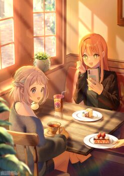 +_+ 1other 2girls absurdres blue_eyes blue_ribbon braid cafe cake cellphone chair commentary cup food gakuen_idolmaster green_eyes grey_hair hair_ribbon half_up_braid highres holding holding_phone idolmaster indoors katsuragi_lilja long_hair meronnpannpi multiple_girls open_mouth orange_hair phone plate restaurant ribbon ribbon_braid saucer shiun_sumika short_hair sitting smartphone table teacup window window_shadow