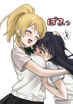 2girls ayase_eli black_hair black_skirt blonde_hair blush bow bowtie brown_eyes closed_eyes face_to_breasts from_side green_bow green_bowtie hand_on_another&#039;s_head highres hug long_hair love_live! love_live!_school_idol_project multiple_girls nanatsu_no_umi open_mouth ponytail school_uniform short_sleeves simple_background skirt sonoda_umi speech_bubble standing sweatdrop sweater_vest translation_request white_background white_sweater_vest yuri