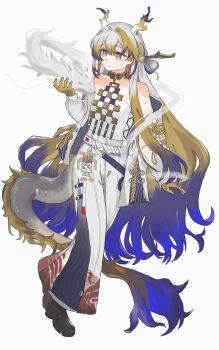 1girl absurdres arknights bare_shoulders belt blonde_hair blue_hair chinese_commentary closed_mouth colored_extremities commentary_request dragon dragon_girl dragon_horns dragon_tail earrings eastern_dragon full_body grey_eyes grey_hair hair_between_eyes highres horns jacket jewelry light_smile long_hair long_sleeves multicolored_hair necklace off_shoulder pointy_ears qier7439 shu_(arknights) simple_background solo strapless tail tube_top very_long_hair white_background white_belt white_jacket white_tube_top