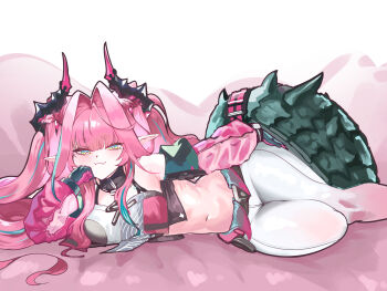 1girl arknights arknights:_endfield bare_shoulders commentary crop_top dragon_girl dragon_horns dragon_tail english_commentary gloves hair_intakes highres horns junho long_hair looking_at_viewer lying multicolored_eyes multicolored_hair on_side pants pink_hair pointy_ears solo streaked_hair tail tight_clothes tight_pants twintails two-tone_eyes yvonne_(arknights)