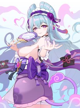 Rule 34 | 1girl, blue hair, breasts, closed mouth, commentary request, cowboy shot, genshin impact, hand fan, highres, holding, holding fan, long hair, looking at viewer, maid headdress, medium breasts, obi, purple eyes, purple nails, purple sash, purple skirt, purple tail, qixi cui xing, sash, sideboob, skirt, smile, solo, yumemizuki mizuki