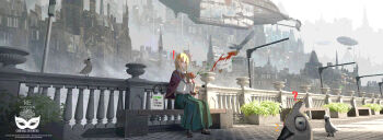 ! 1girl absurdres aircraft baluster bird blonde_hair blue_eyes building capelet city commentary copyright_name day dirigible dress english_commentary film_grain grey_skirt highres jitome lamppost long_hair long_sidelocks long_skirt long_sleeves motion_blur no_pupils on_bench original pleated_skirt ponytail prezonya46 purple_capelet purple_eyes re:extinction scenery shirt sidelocks sitting skirt unamused white_bird white_shirt x_mouth