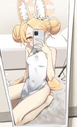 Rule 34 | 1girl, absurdres, alternate costume, alternate hairstyle, animal ear fluff, animal ears, bare arms, bare shoulders, barefoot, bed, blonde hair, blue archive, blush, breasts, cellphone, china dress, chinese clothes, commentary, covered navel, double bun, dress, extra ears, fox ears, fox girl, hair bun, halo, hand up, highres, holding, holding phone, indoors, looking at viewer, mirror, orange eyes, pelvic curtain, phone, red eyes, reflection, seia (blue archive), seiza, selfie, sitting, sleeveless, sleeveless dress, small breasts, solo, swept bangs, syhan, thighs, wariza, white dress, yellow halo