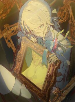 1boy androgynous black_shorts blonde_hair blue_bow blue_bowtie blue_eyes bow bowtie cowboy_shot edgar_valden edgar_valden_(golden_ratio) expressionless frilled_sleeves frills hair_bow highres identity_v looking_at_viewer male_focus navel official_alternate_costume pba_471 picture_frame ponytail puffy_shorts shirt shorts sitting skeleton solo trap white_shirt x-ray yellow_bow yellow_pupils