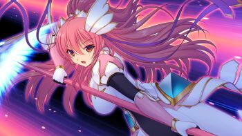 1girl armor bodysuit breasts brown_eyes en_ciel_rena en_ciel_rena_(aegis) faulds floating_hair game_cg gauntlets gloves hair_between_eyes hair_ornament hair_ribbon holding holding_polearm holding_weapon kourin_tenshi_en_ciel_rena large_breasts large_variant_set long_hair looking_at_viewer magical_girl non-web_source official_art open_mouth orange_eyes pink_hair polearm purple_ribbon red_hair ribbon saitou_natsuki solo spear suhamaya tomoe_rena variant_set very_long_hair weapon