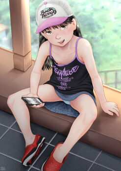 1girl 2025 black_hair blush breasts brown_eyes cellphone crocs downblouse feet female_focus hat highres legs loli looking_at_viewer nipples original panties phone sitting skirt small_breasts smile solo spread_legs tagme tank_top thighs toi_deisuke underwear white_panties