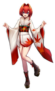 1girl :d absurdres adapted_costume ange_katrina ange_katrina_(new_year) ankle_boots bare_legs black_sash blue_eyes boots brown_boots brown_sash commentary crossed_bangs floral_print floral_print_kimono full_body fur-trimmed_kimono fur_trim furisode gradient_clothes gradient_kimono hair_between_eyes hair_intakes hands_up highres japanese_clothes kimono knees_together_feet_apart lace-up_boots light_blush long_sleeves looking_at_viewer multicolored_sash nijisanji obi obiage obidome obijime open_mouth platform_boots print_kimono red_hair red_kimono red_sash sash short_kimono simple_background smile solo standing standing_on_one_leg tatamatsu virtual_youtuber white_background white_kimono