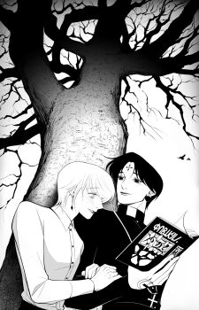 Rule 34 | 2boys, 63roku63, alternate universe, androgynous, black hair, blush, chrollo lucilfer, clerical collar, closed mouth, cross tattoo, facial mark, forehead mark, forehead tattoo, greyscale, highres, hunter x hunter, kurapika, lips, male focus, monochrome, multiple boys, parted lips, priest, shirt, short hair, smile, tattoo, upper body