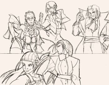 4girls bodypaint bow bowtie braid breasts dolores_(kof) dress formal_clothes hairband kagami kagami_shinnosuke kagura_chizuru king_(snk) kof:_maximum_impact large_breasts lilly_kane long_hair long_sleeves medium_hair multiple_girls notedoesstuff shinnosuke_kagami smile smiley_face the_king_of_fighters