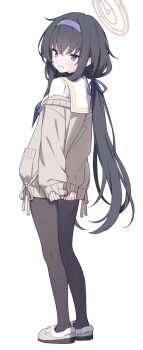 1girl absurdres arms_behind_back black_hair black_pantyhose blue_archive blush brown_cardigan brown_slippers cardigan chinese_commentary commentary_request crossed_bangs embarrassed from_side full_body hair_between_eyes hair_ribbon hairband halo highres jyt long_hair long_sleeves looking_at_viewer looking_back low_twintails making-of_available neckerchief no_pants off_shoulder painttool_sai_(medium) pantyhose parted_lips partial_commentary pinching_sleeves pocket purple_eyes purple_hairband purple_neckerchief purple_ribbon ribbon sailor_collar school_uniform serafuku shirt sidelocks simple_background sleeves_past_wrists slippers solo standing sweatdrop turning_head turtleneck twintails ui_(blue_archive) very_long_hair wavy_mouth white_background white_sailor_collar white_shirt yellow_halo