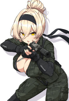 Rule 34 | 1girl, absurdres, aiming, asanaya, bandana, big boss, bikini, bikini under clothes, black bikini, black hairband, blonde hair, breasts, cleavage, commentary request, cosplay, fang, gloves, gun, hair between eyes, hair bun, hairband, handgun, highres, holding, holding gun, holding weapon, large breasts, leaning forward, metal gear (series), metal gear solid 3: snake eater, naked snake, naked snake (cosplay), nijisanji, nui sociere, partially fingerless gloves, single hair bun, skin fang, slit pupils, solo, suppressor, swimsuit, twitter username, virtual youtuber, weapon, white background, yellow eyes