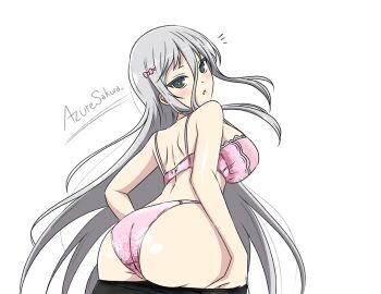 1girl :o ass azuresakura back bare_arms black_hair black_skirt blush bow bra breasts grey_hair hair_between_eyes hair_bow huge_breasts large_breasts long_hair looking_at_viewer open_mouth panties pink_bow pink_bra pink_panties polka_dot polka_dot_bow senkou_(senran_kagura) senran_kagura senran_kagura_new_link shoulder_blades sidelocks signature simple_background skirt solo standing underwear very_long_hair white_background