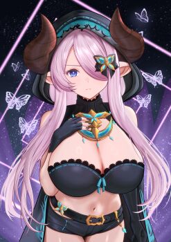 1girl asymmetrical_clothes black_gloves black_jacket black_shirt black_shorts blue_eyes breasts butterfly_hair_ornament cleavage gloves granblue_fantasy hair_ornament hair_over_one_eye hand_on_own_chest highres hilda_sakura jacket large_breasts long_hair looking_at_viewer midriff narmaya_(granblue_fantasy) narmaya_(the_black_butterfly)_(granblue_fantasy) navel purple_hair shirt shorts solo thighs