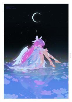 1girl border character_name closed_eyes columbina_(genshin_impact) commentary crescent_moon dio_knarf english_text eye_mask flower full_body genshin_impact hashtag-only_commentary head_wings highres long_hair mask moon night purple_hair reflection ribbon ripples sitting sky solo sparkle star_(sky) starry_sky water white_border white_ribbon wings