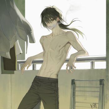 1boy absurdres bags_under_eyes balcony black_hair black_pants cigarette cowboy_shot eyepatch gradient_hair hair_between_eyes hashtag-only_commentary highres kshwan181 long_hair looking_at_viewer male_focus multicolored_hair nipples outdoors pants parted_lips scar scar_on_arm scar_on_chest scar_on_face scar_on_hand scar_on_mouth slow_damage smoke smoke_trail smoking solo topless_male towa_(slow_damage) yellow_eyes