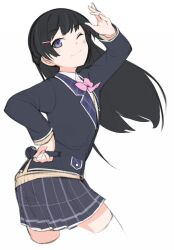 Rule 34 | 1girl, arm up, black hair, black jacket, blazer, blush, bow, bowtie, brown cardigan, cardigan, closed mouth, commentary, cowboy shot, from behind, grey eyes, grey skirt, hair ornament, hairclip, holding, holding microphone, jacket, long hair, long sleeves, looking at viewer, looking back, medium bangs, microphone, nijisanji, one eye closed, pink bow, pink bowtie, plaid, plaid skirt, school uniform, shirt, simple background, skirt, smile, solo, thighhighs, tsukino mito, tsukino mito (1st costume), tugmix, virtual youtuber, white background, white shirt, white thighhighs