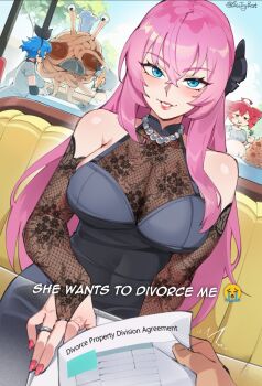 1boy 1girl 4girls bare_shoulders black_bow blue_eyes bow breasts bridal_gauntlets brown_bridal_gauntlets brown_shirt character_age character_request chef_hat commentary crossed_bangs crying_emoji divorce dress dutch_angle emoji english_commentary english_text fishnet_bridal_gauntlets flying_spaghetti_monster food gown grey_dress hair_between_eyes hair_bow halter_dress halterneck hat highres jewelry kasane_teto large_breasts light_smile long_hair looking_at_viewer mature_female megurine_luka monster multiple_girls necklace paper parted_lips pasta pearl_necklace pink_hair pov red_nails restaurant ring see-through_cleavage see-through_clothes shirt sin_(sintrybest) solo_focus spaghetti tall_hat taut_clothes taut_dress very_long_hair vocaloid