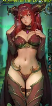 1girl alexstrasza armor bikini_armor blush breasts curvy dragon dragon_girl embarrassed fanning_face fanning_self horns jewelry kittew large_breasts long_eyebrows long_hair looking_to_the_side medium_breasts midriff monster_girl navel orange_eyes pointy_ears red_hair steam sweat tsundere warcraft world_of_warcraft