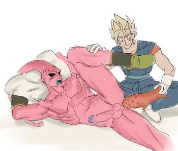 Rule 34 | 2boys, anal, anal object insertion, ass, black sclera, blonde hair, colored sclera, colored skin, dragon ball, earrings, erection, jewelry, linisthename, looking at another, majin buu, male focus, multiple boys, muscular, object insertion, open mouth, pectorals, pink skin, potara earrings, red eyes, sex toy, smile, super buu, testicles, vegetto, yaoi