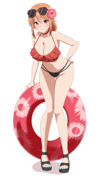 1girl bikini black_bikini blue_nails breasts brown_eyes brown_hair choker cleavage collarbone dars_(recolors) frilled_bikini frills full_body groin hand_on_own_hip highres large_breasts lifebuoy looking_at_viewer mature_female medium_hair mismatched_bikini nail_polish navel red_bikini red_choker sidelocks simple_background smile stomach sunglasses sunglasses_on_head swim_ring swimsuit toes white_background wide_hips yahari_ore_no_seishun_lovecome_wa_machigatteiru. yuigahama_yui&#039;s_mother